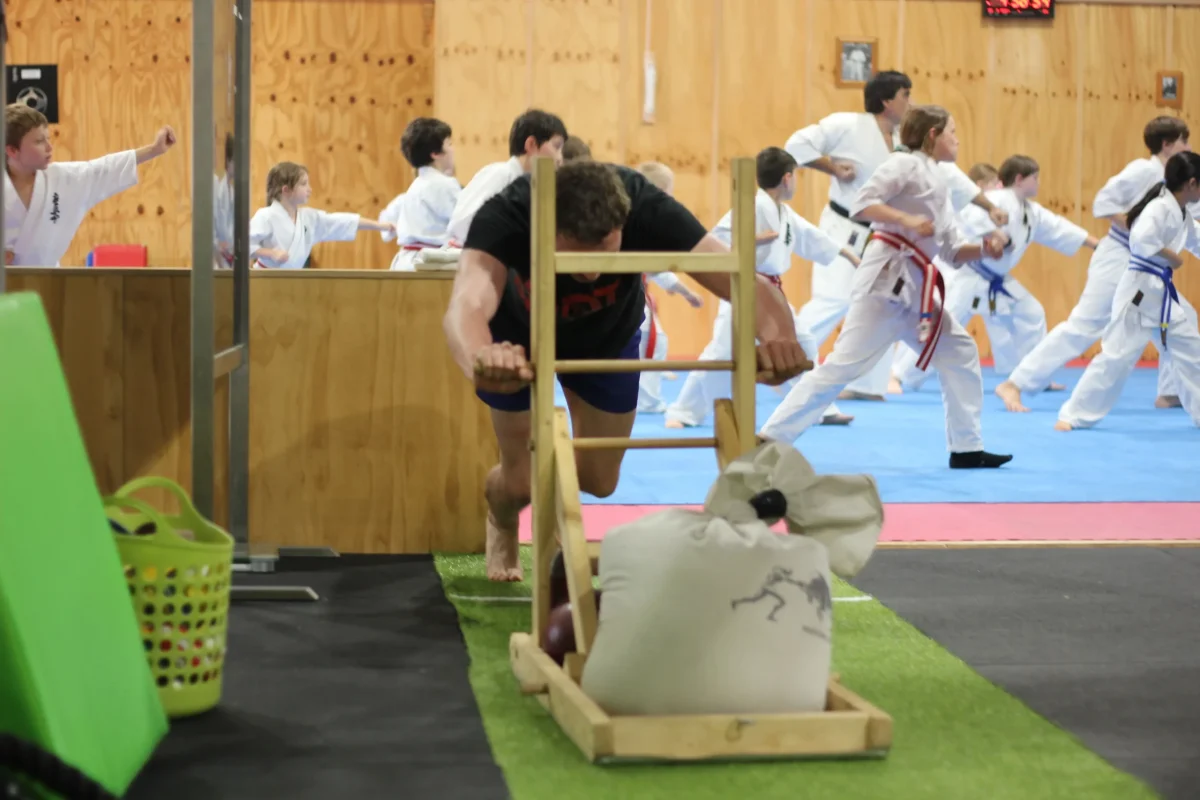 Man pushing sled during a strength and conditioning class at Functional Fitness Eltham, with martial arts students training in the background
